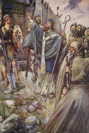 Columcille, later in life, confronting the guards at a Pictish fortress. Picture via Wikimedia Commons