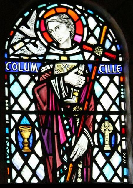 Stained glass window of Columcille at Iona Abbey. Picture via Wikimedia Commons