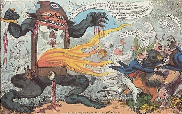 A contemporary cartoon shows the fear that the French Revolution inspired in British aristocrats.