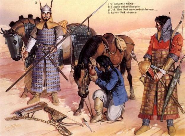 Illustration showing the typical arms and equipment of the Turkic warriors. (Source unknown).