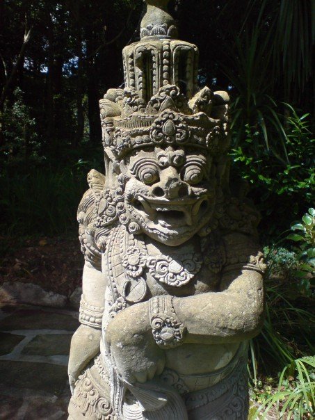 One of the pair of Balinese statues in the gardens of Glenveagh Castle.