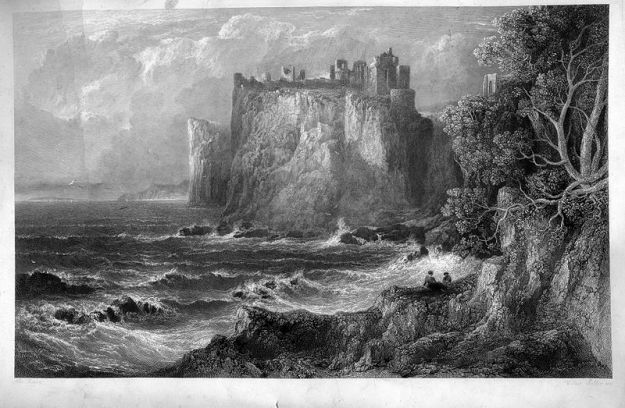 An engraving of Dunluce Castle by William Miller, made in 1848.  Note that the cliff does not appear to have collapsed yet.