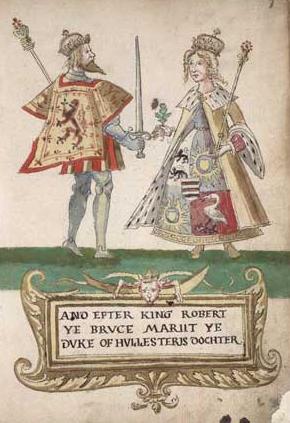 An illustration from an armorial showing Robert Bruce and Elizabeth de Burgh
